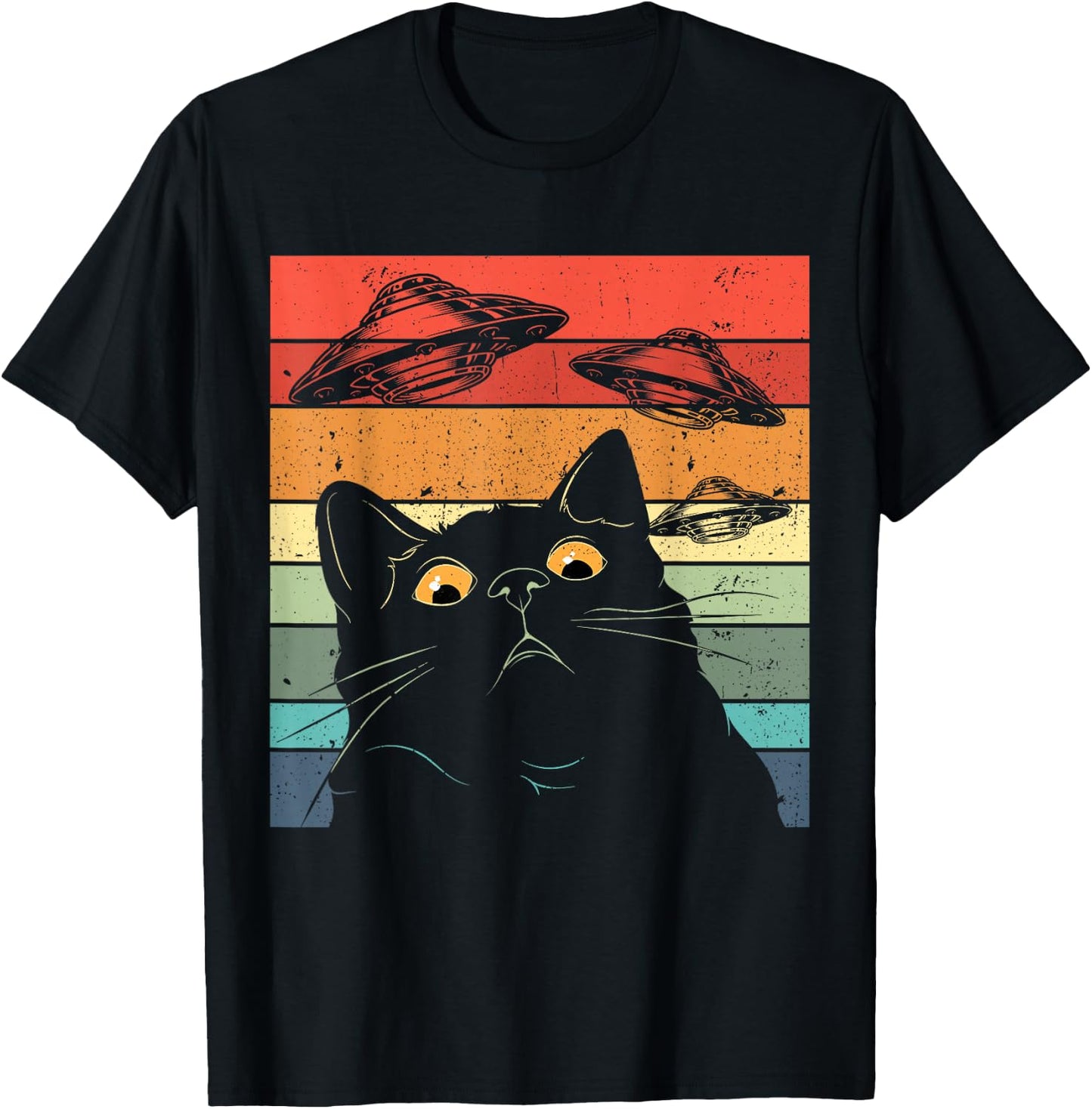 Funny Cat , Galaxy Cat Shirt Spaceship Alien Cat UFO T-Shirt - T-Shirt | Black