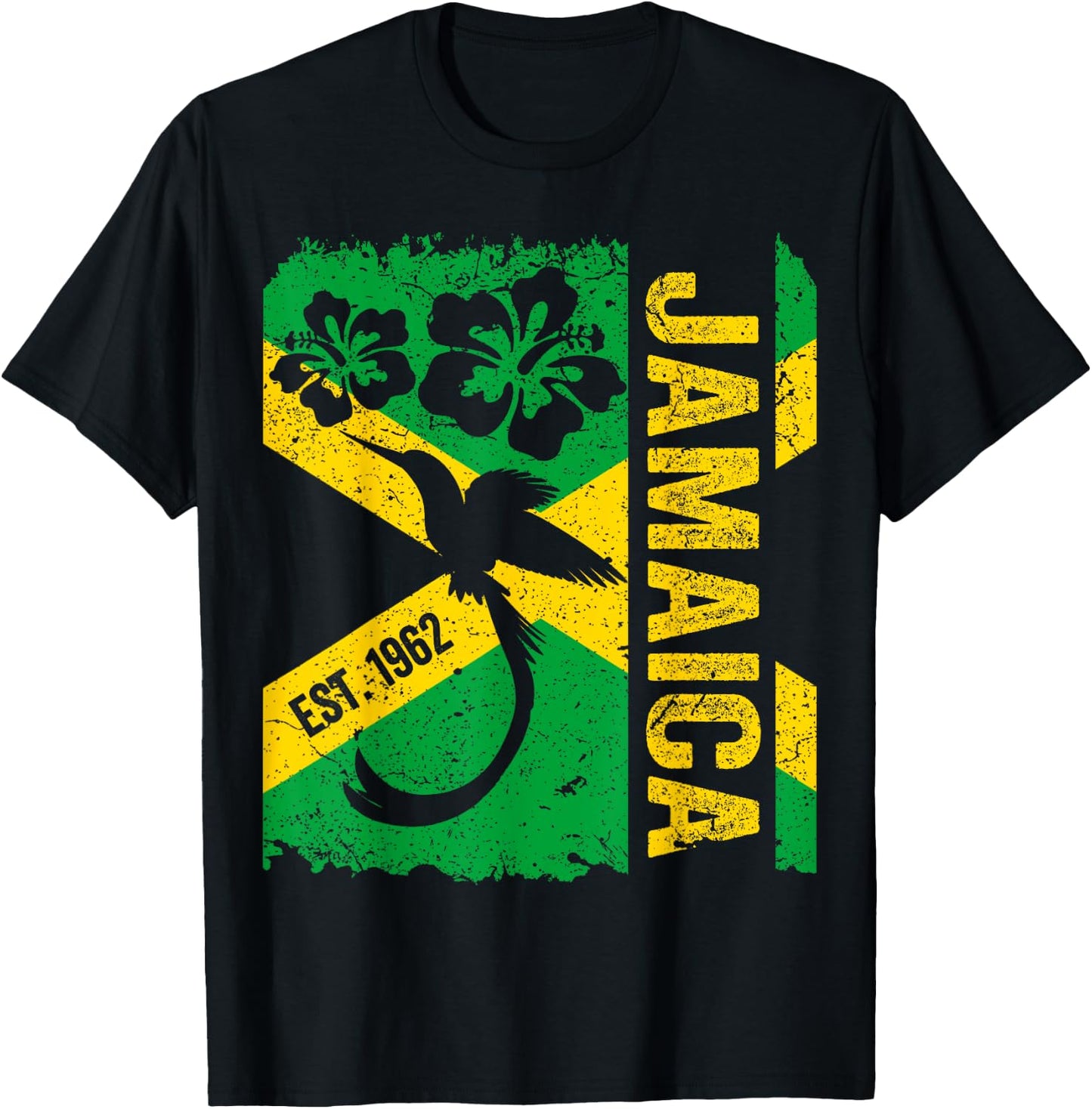 Jamaica Doctor Bird 1962 Independence Distress Jamaican Flag T-Shirt - T-Shirt | Black