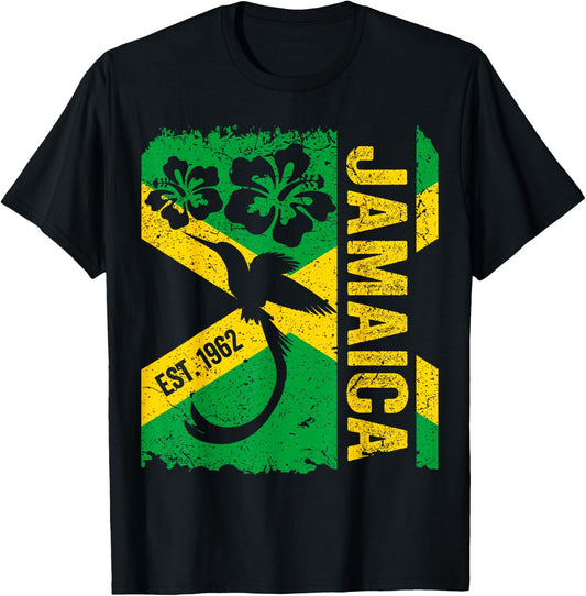 Jamaica Doctor Bird 1962 Independence Distress Jamaican Flag T-Shirt - T-Shirt | Black