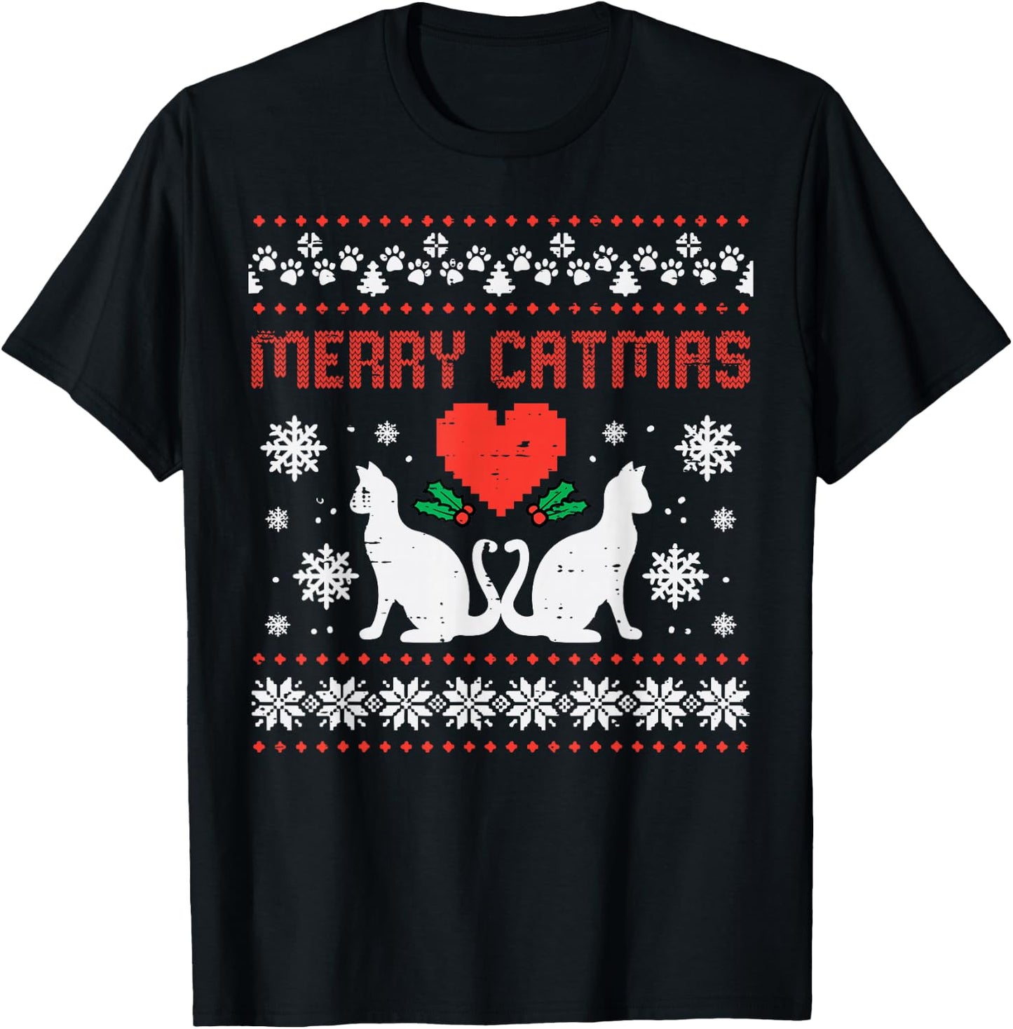 Merry Catmas Cat Ugly Christmas Vintage Xmas Women Men Kids T-Shirt - T-Shirt | Black