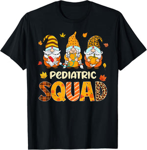 Pediatric Squad Cute Gnome Nurse Leopard Thanksgiving Fall T-Shirt - T-Shirt | Black