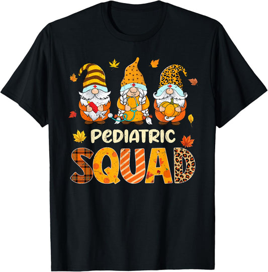 Pediatric Squad Cute Gnome Nurse Leopard Thanksgiving Fall T-Shirt - T-Shirt | Black