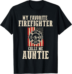 My Favorite Firefighter Calls Me Auntie USA American Flag T-Shirt - T-Shirt | Black