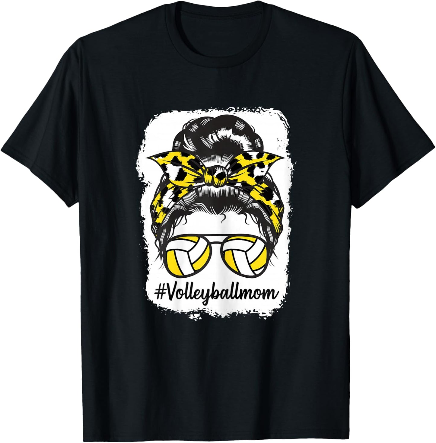 Bleached Volleyball Mom Messy Bun Yellow Leopard Print T-Shirt - T-Shirt | Black