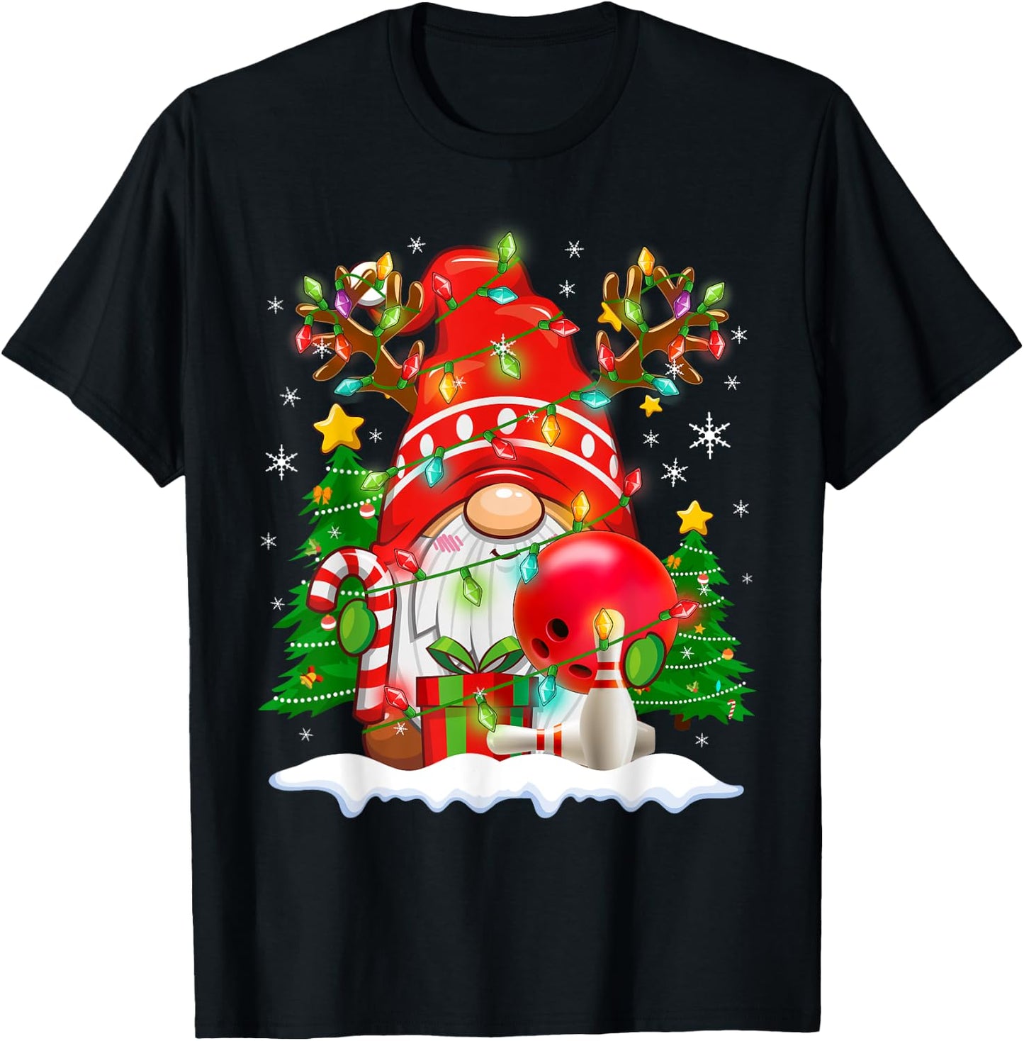 Funny Reindeer Gnome & Bowling Ball Christmas Lights Xmas T-Shirt - T-Shirt | Black