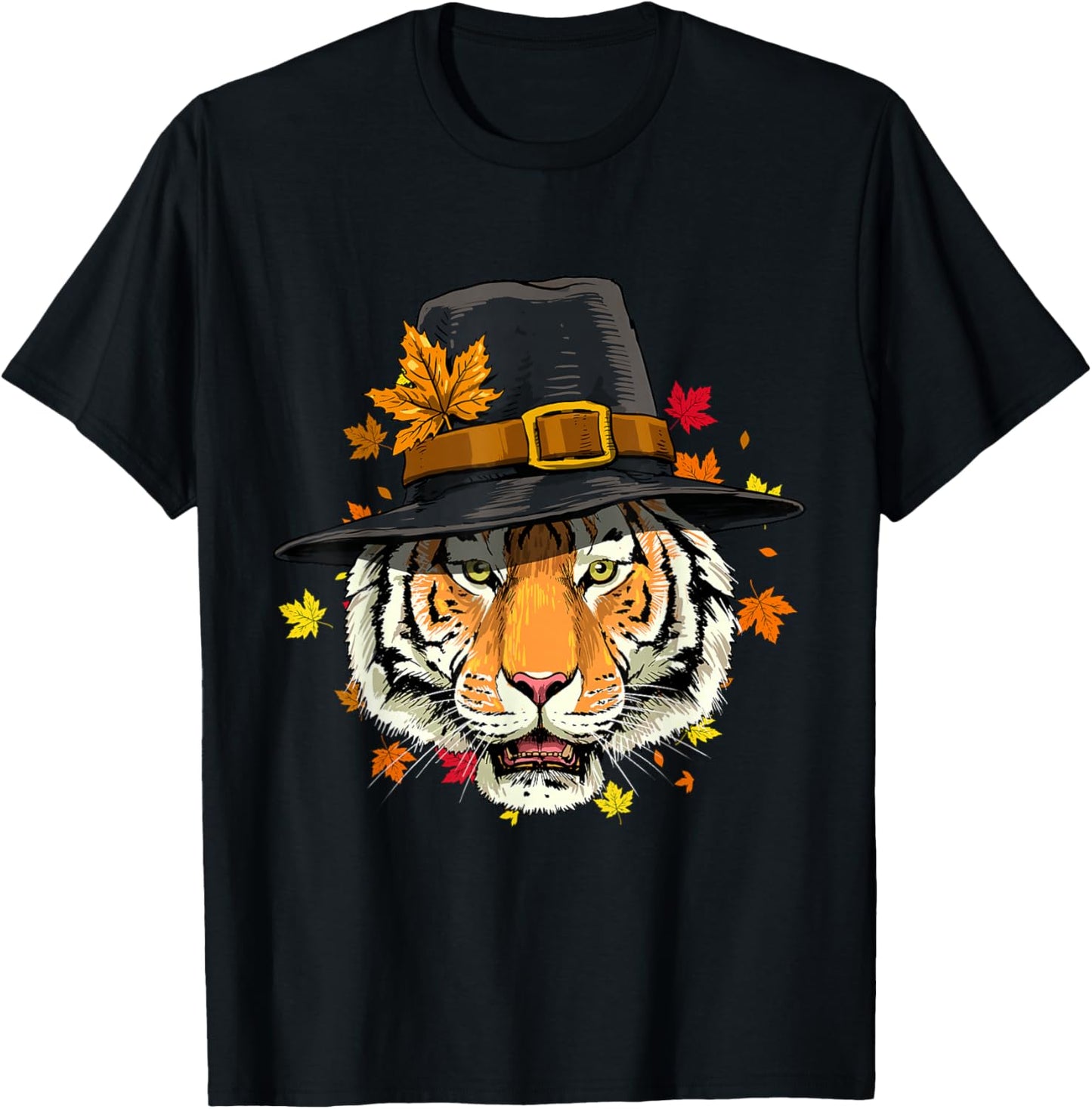 Thanksgiving Tiger Cat Pilgrim Turkey Day Autumn Tiger Lover Men Women Girls Kids T-Shirt - T-Shirt | Black