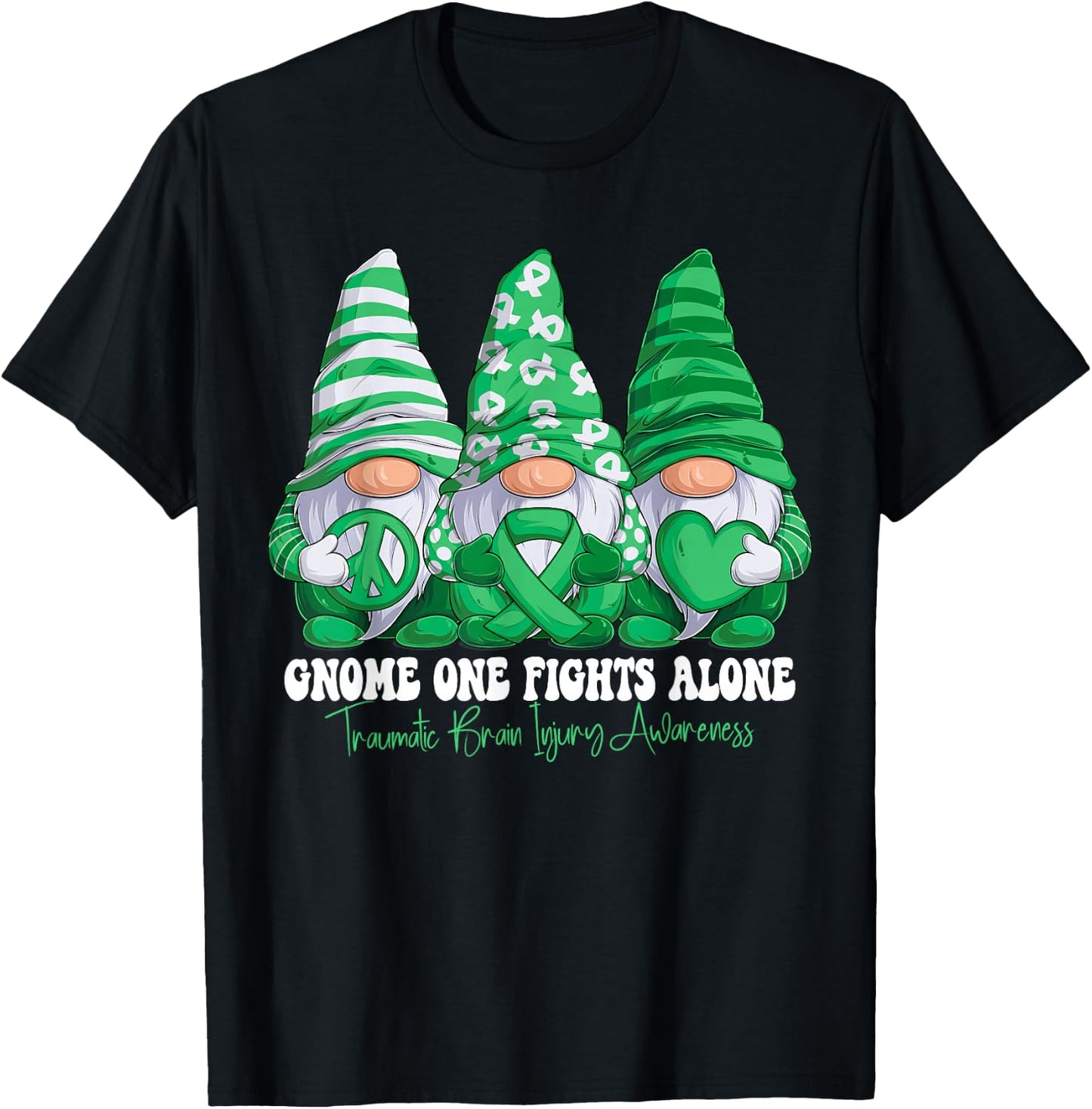 Traumatic Brain Injury Awareness Month Green Ribbon Gnomies T-Shirt - T-Shirt | Black