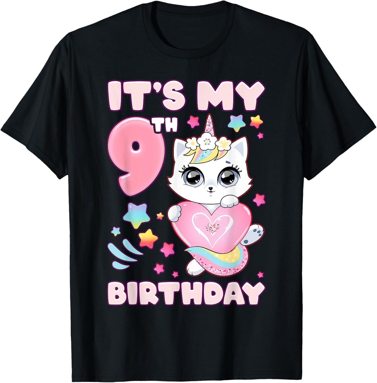 Birthday girl 9 years old, cat, unicorn, 9th birthday T-Shirt - T-Shirt | Black