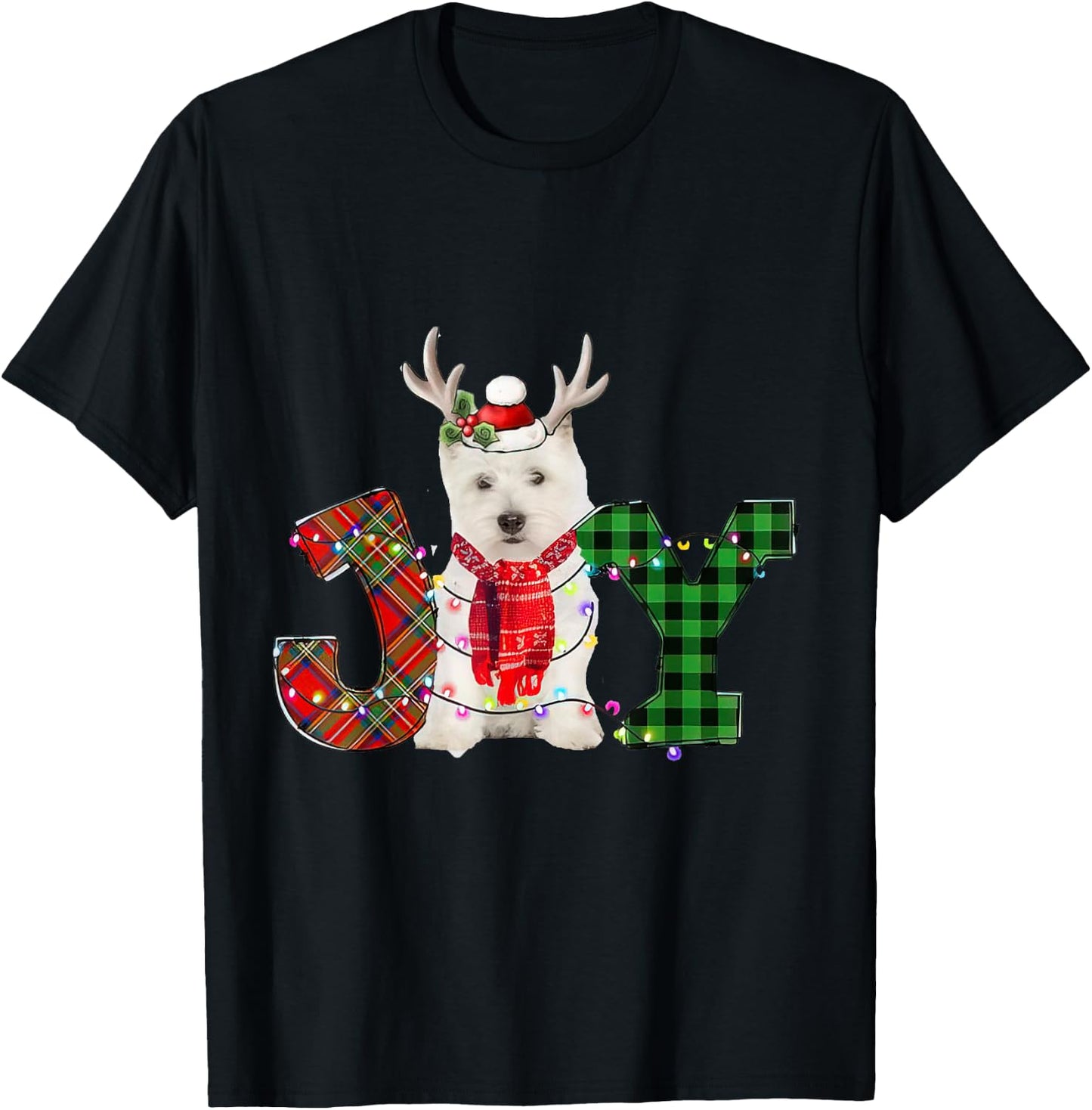 Joy Christmas Lights West Highland White Terrier Dog Santa Women Kids T-Shirt - T-Shirt | Black