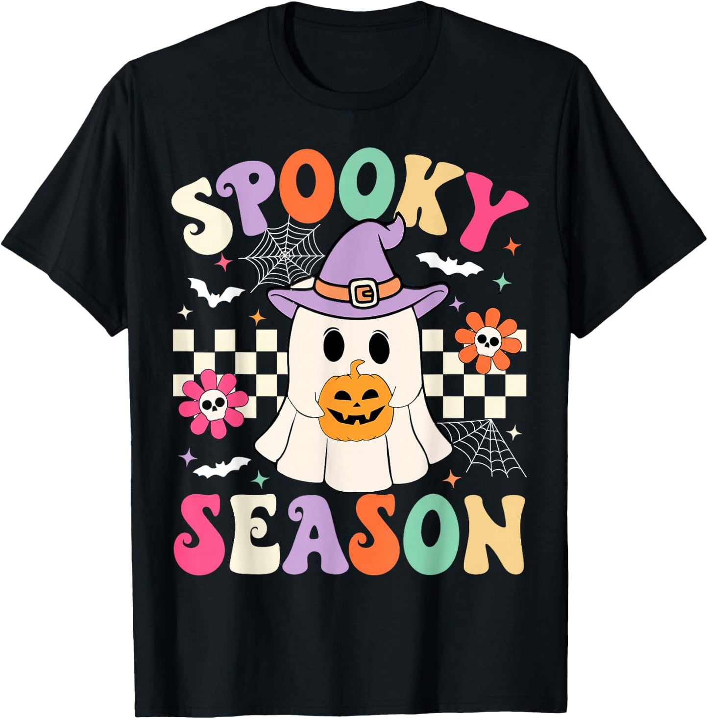 Groovy Spooky Season Retro Ghost Holding Pumpkin Halloween T-Shirt - T-Shirt | Black