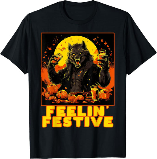 Funny Werewolf Drinking Halloween Costume Party Thanksgiving T-Shirt - T-Shirt | Black
