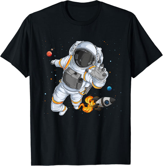 Flying Astronaut With Rocketship Outer Space T-Shirt - T-Shirt | Black