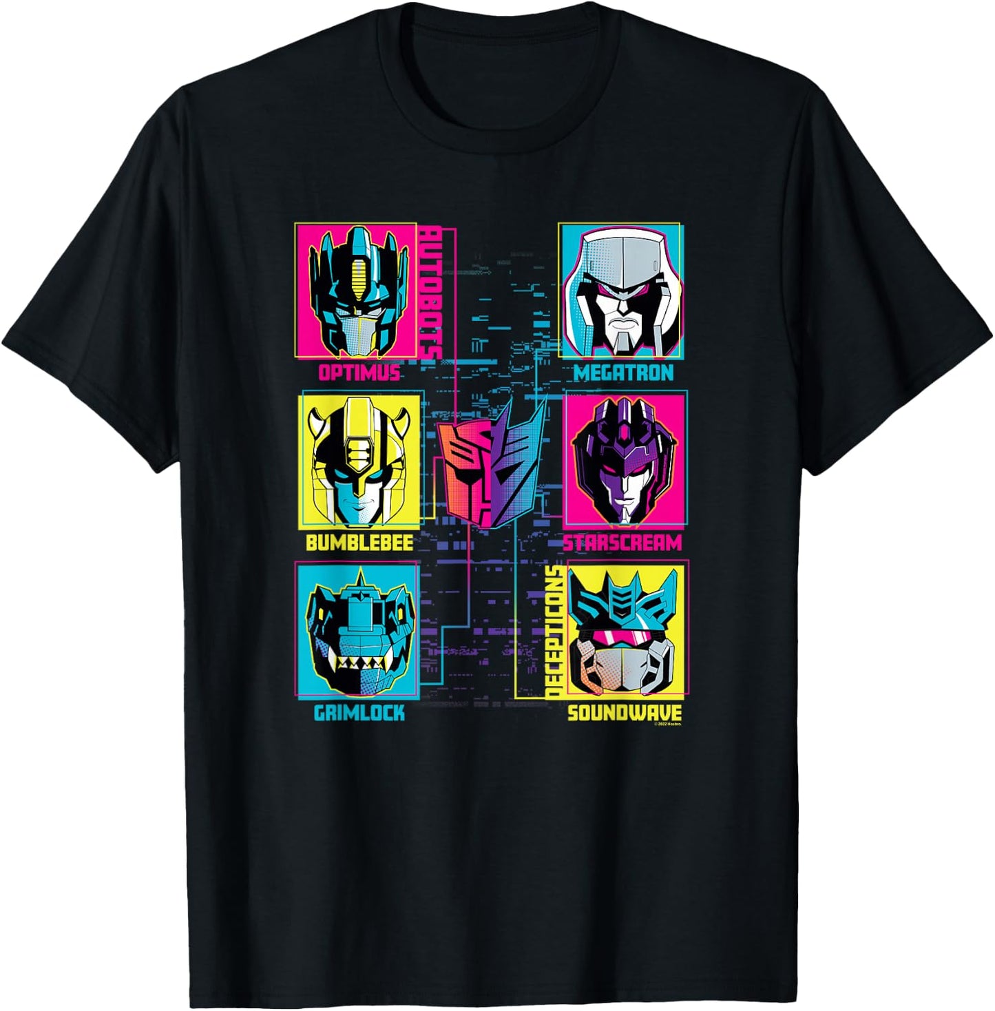 Transformers Group Shot Bright Neon Box Up Characters T-Shirt - T-Shirt | Black