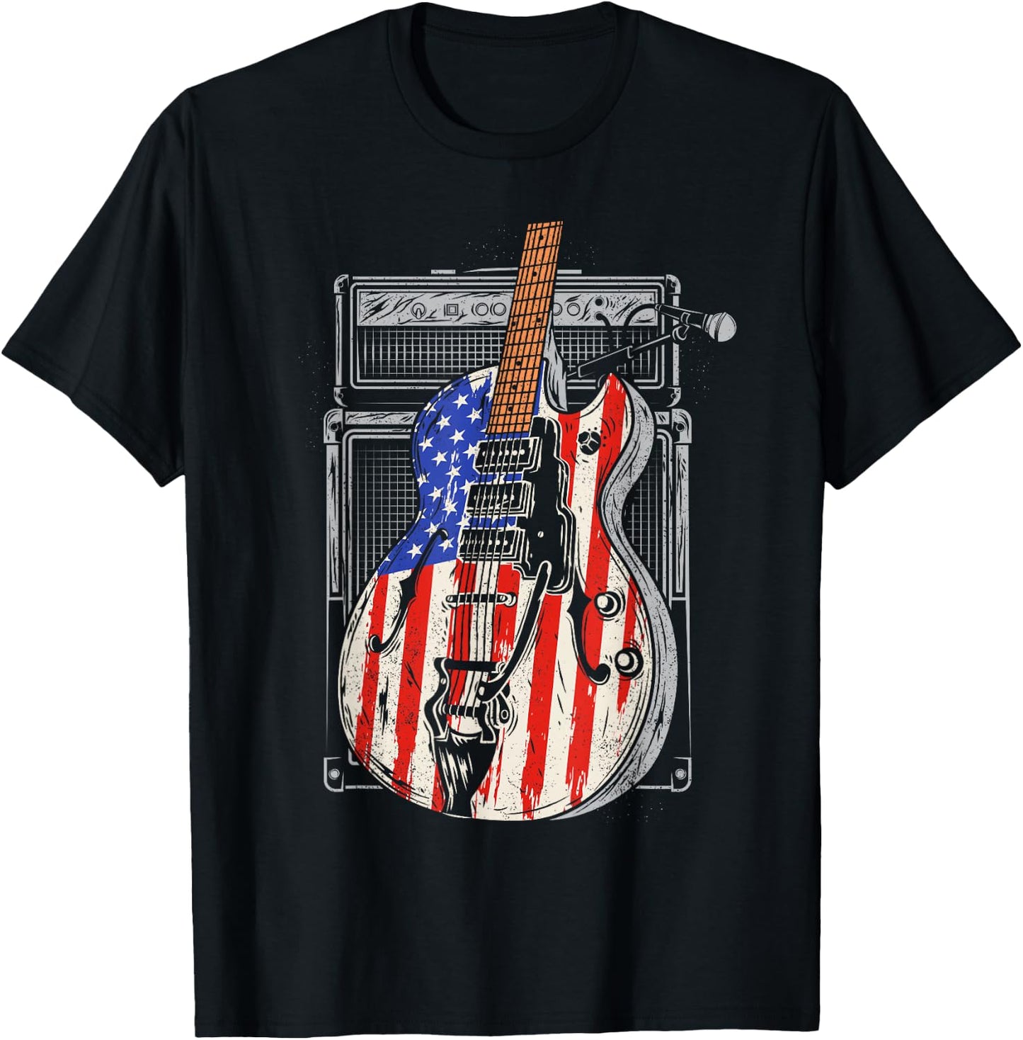 American Flag Guitar 4th of July Guitarist USA Country Music T-Shirt - T-Shirt | Black