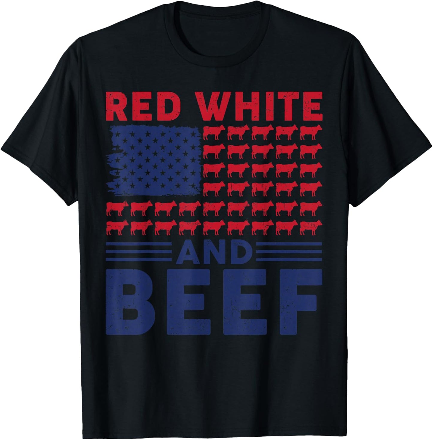 Red White And Beef 4th Of July Cattle American Flag Cow T-Shirt - T-Shirt | Black