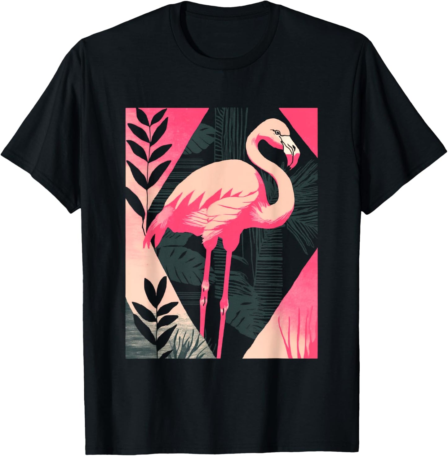 Palm Fronds Art Deco Retro Tropical Flamingo T-Shirt - T-Shirt | Black