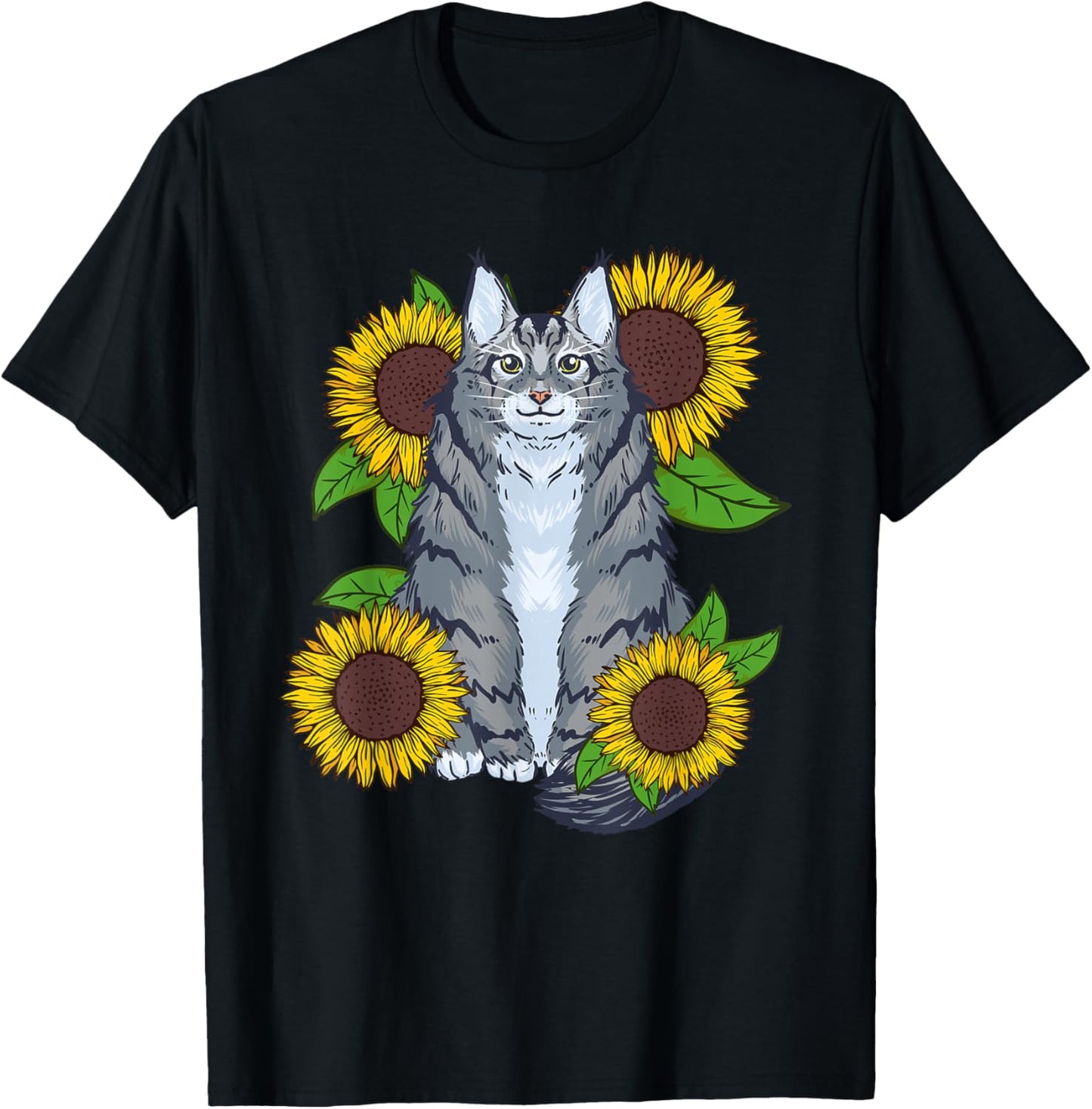 Floral Sunflower Mainecoon Cat Lover Men Women Kids T-Shirt - T-Shirt | Black