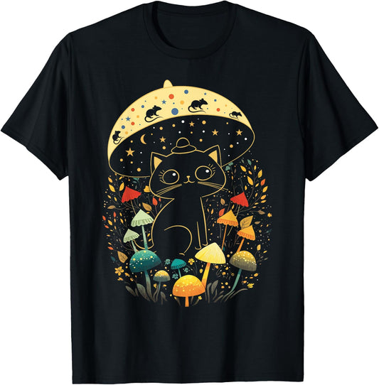 Cute Cottagecore Aesthetic Cat Mushroom Women Kids T-Shirt - T-Shirt | Black