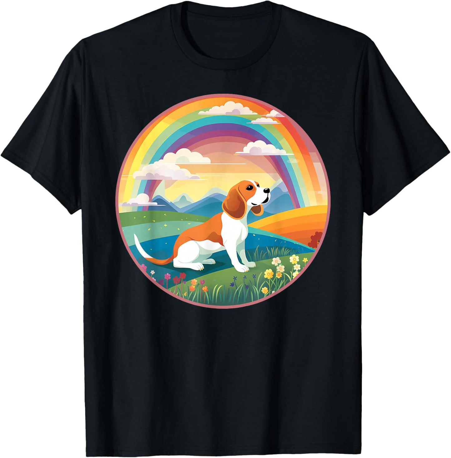 Beagle Rainbow Bridge Colorful Dog Memorial Painting T-Shirt - T-Shirt | Black