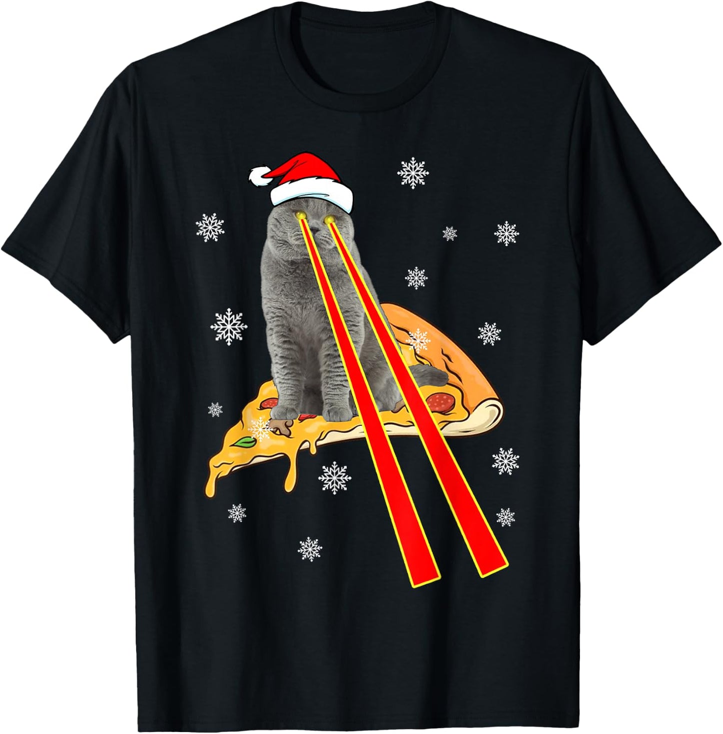 Cat With Laser Eyes Funny Pizza Cat Christmas T-Shirt - T-Shirt | Black