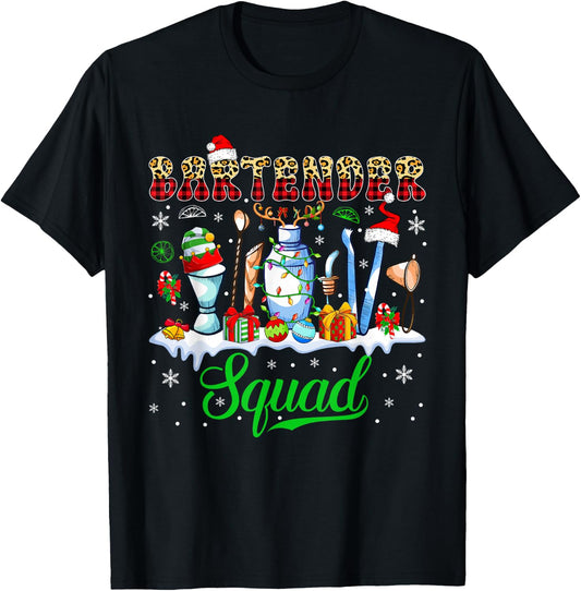 Bartender Squad Christmas Santa Reindeer Elf Bartender Tools T-Shirt - T-Shirt | Black