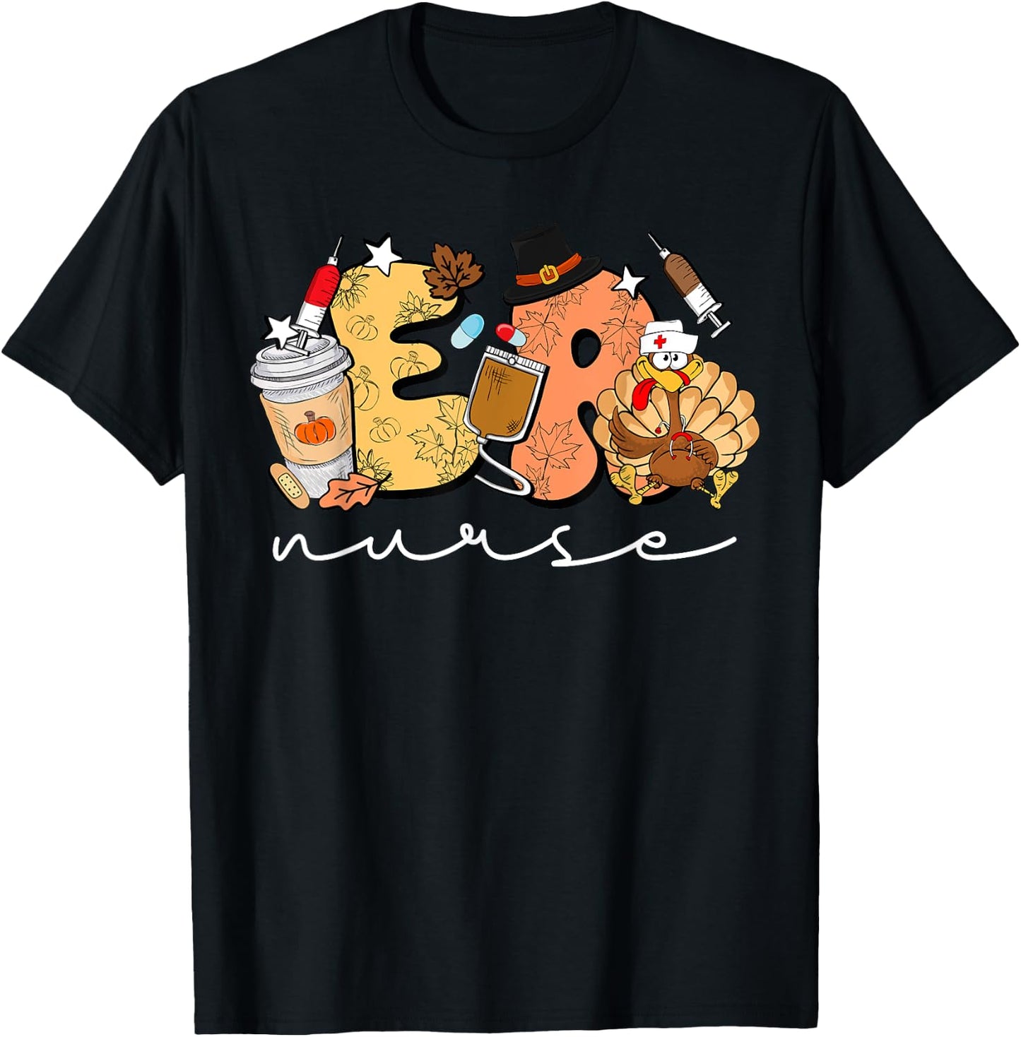 Retro Thanksgiving ER Nurse Turkey Emergency Room Nurse T-Shirt - T-Shirt | Black