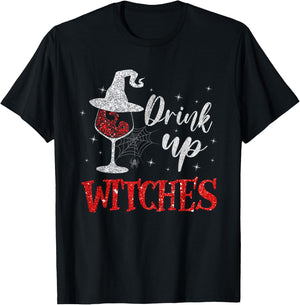 Drink Up Witches Wine Glass Funny Halloween Drinking T-Shirt - T-Shirt | Black