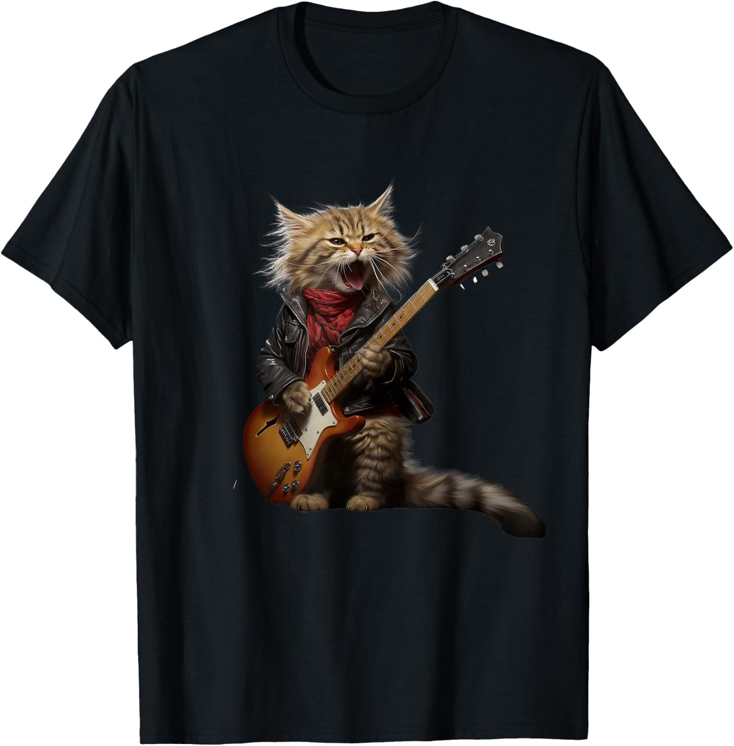 Rock Cat Playing Guitar - Funny Guitar Cat T-Shirt - T-Shirt | Black