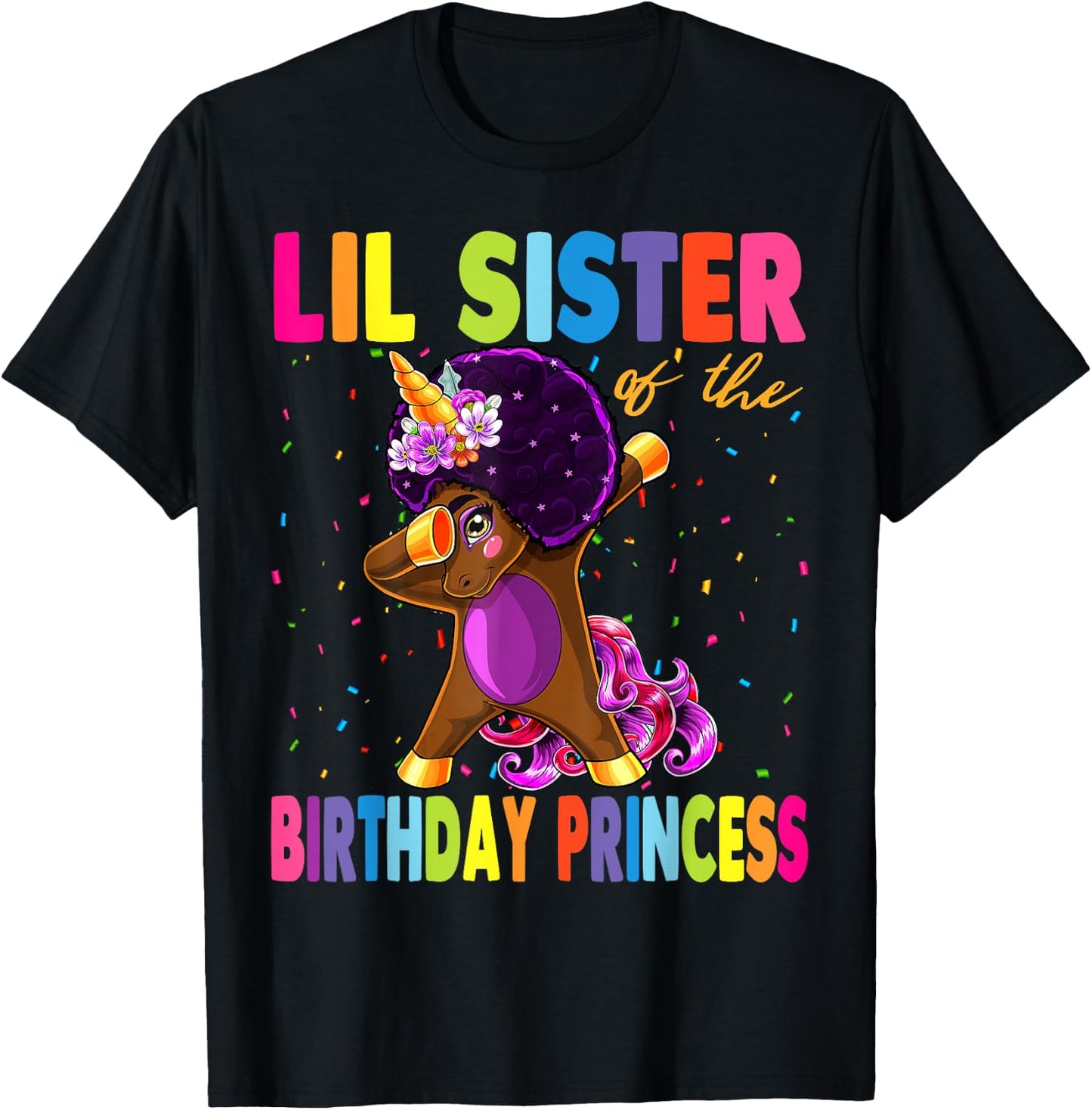 Dabbing Unicorn Afro Lil Sister of the Birthday Princess T-Shirt - T-Shirt | Black