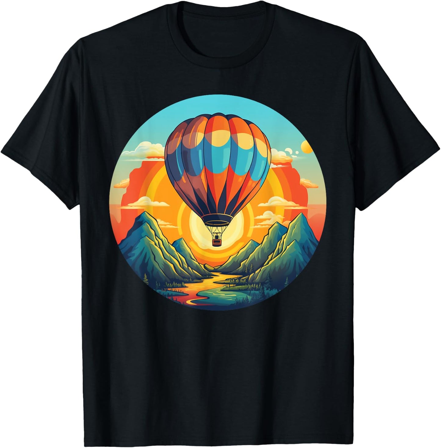 Mountains Sunset Adventures with hot Air Balloon T-Shirt - T-Shirt | Black