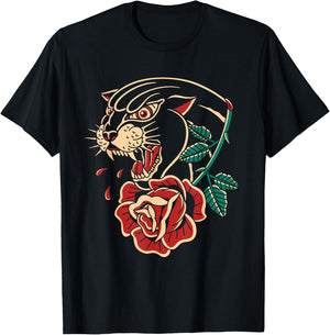 Panther Rose American Traditional Tattoo Ink Old School T-Shirt - T-Shirt | Black