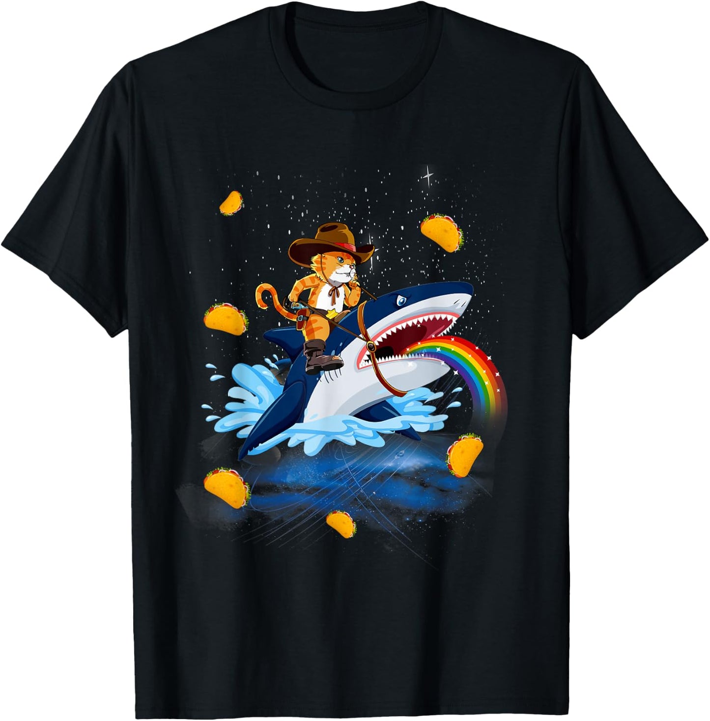 Western Cowboy Cat Riding A Shark In Taco Space Rainbow T-Shirt - T-Shirt | Black