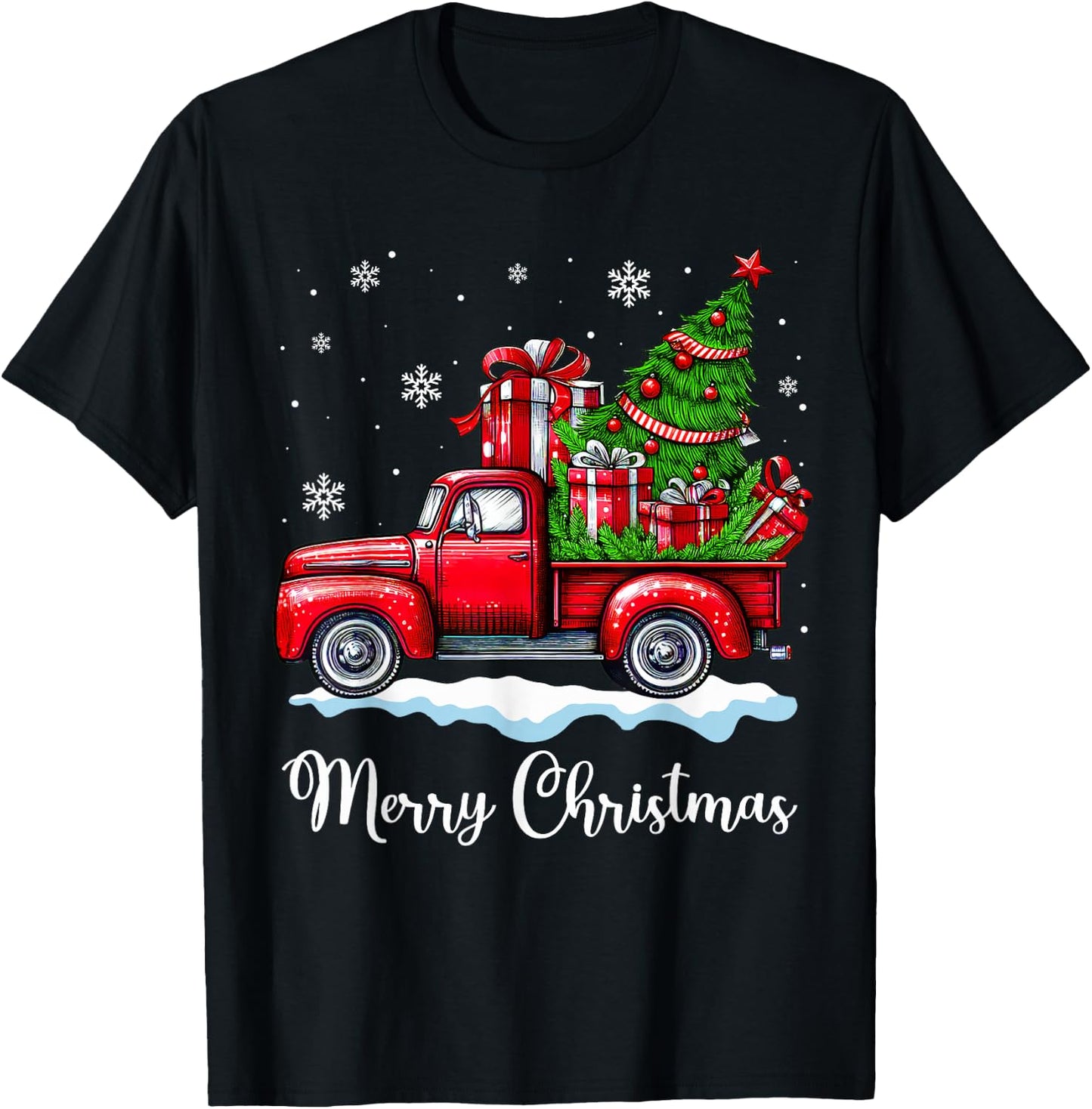 Vintage Merry Christmas Red Truck Funny Xmas Tree Boys Men T-Shirt - T-Shirt | Black