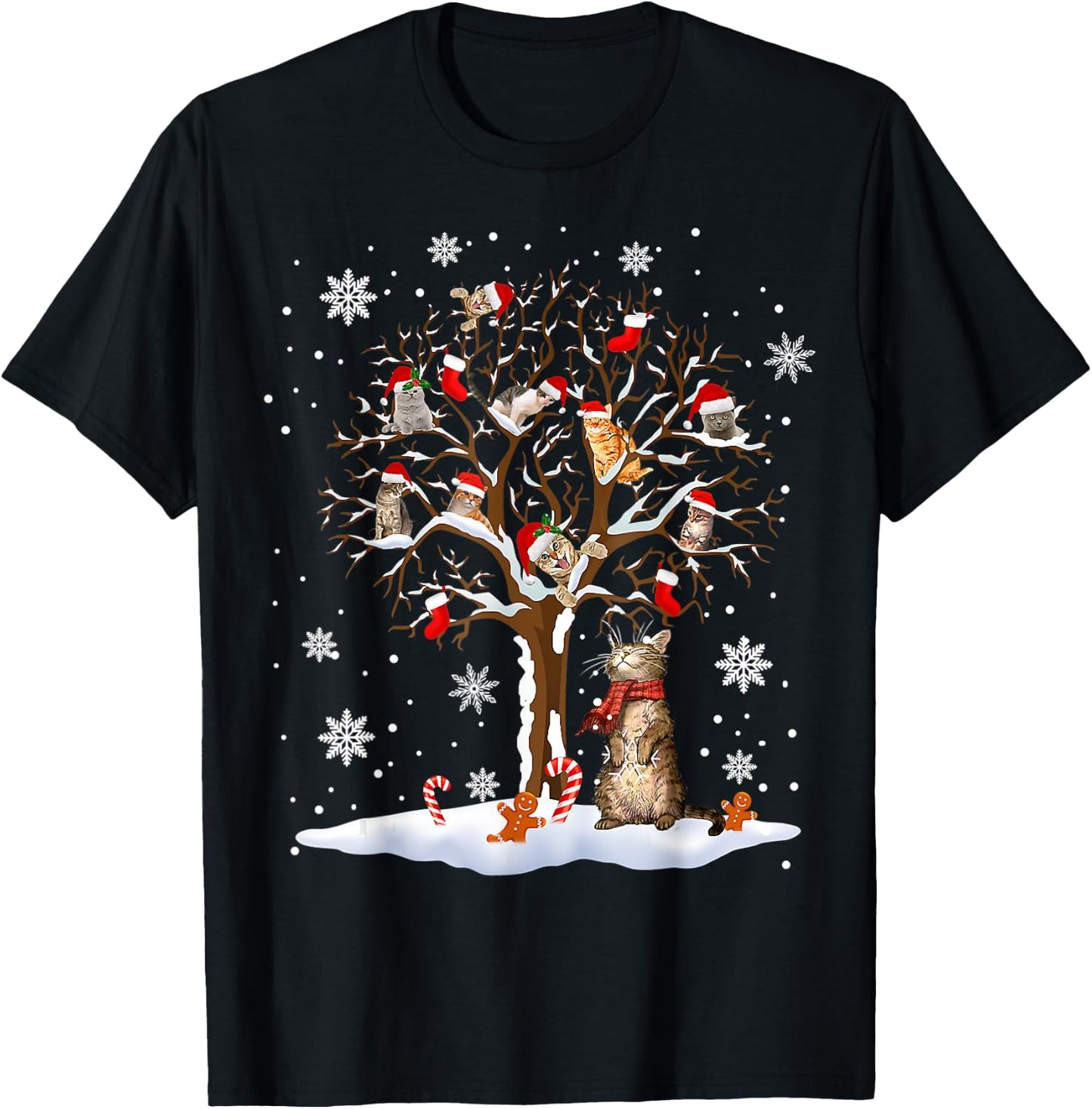 Cats In Snow Tree Winter Christmas Santa Hat X-mas T-Shirt - T-Shirt | Black