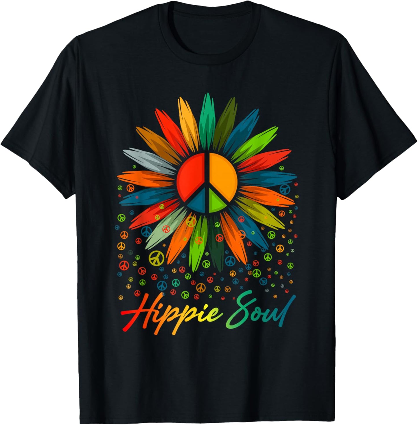 Hippie Soul Funny Peace Sign Daisy Flower Hippies Art Lovers T-Shirt - T-Shirt | Black