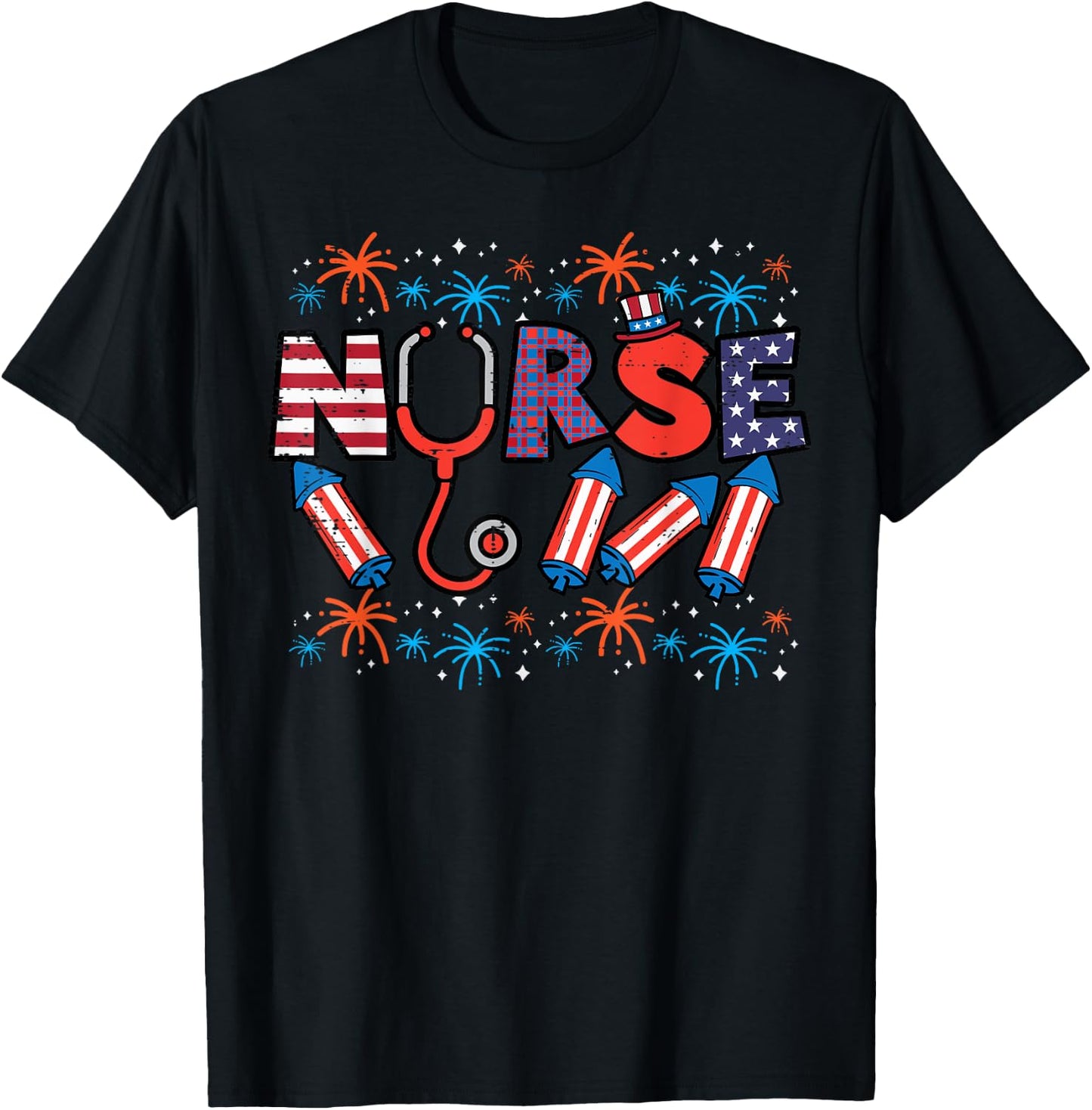 4th Of July Nurse Stethoscope Patriotic Scrub Top Women Men T-Shirt - T-Shirt | Black