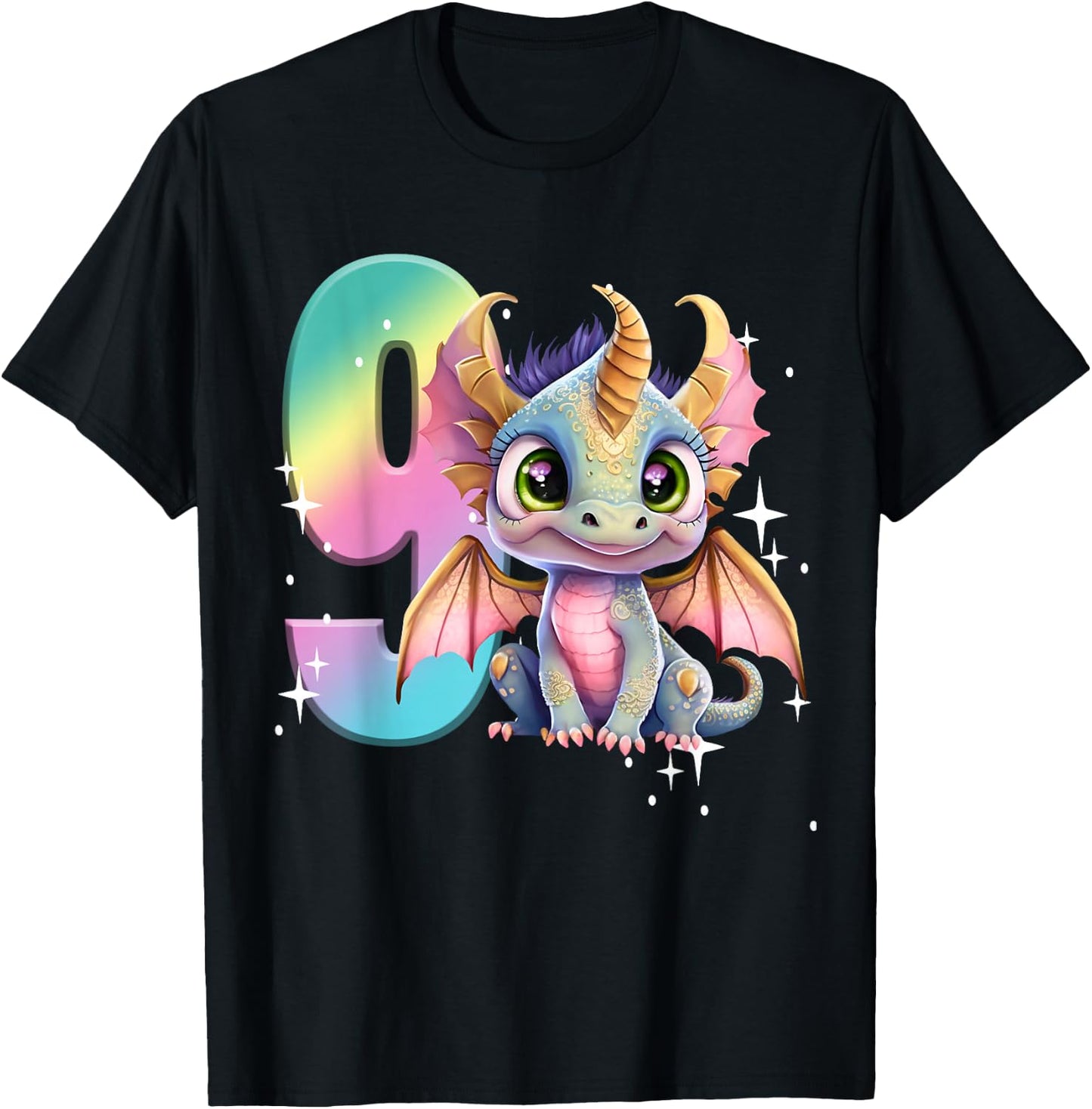 9th Birthday Shirt Dragon Party Rainbow Girl Dragon Nine 9 T-Shirt - T-Shirt | Black