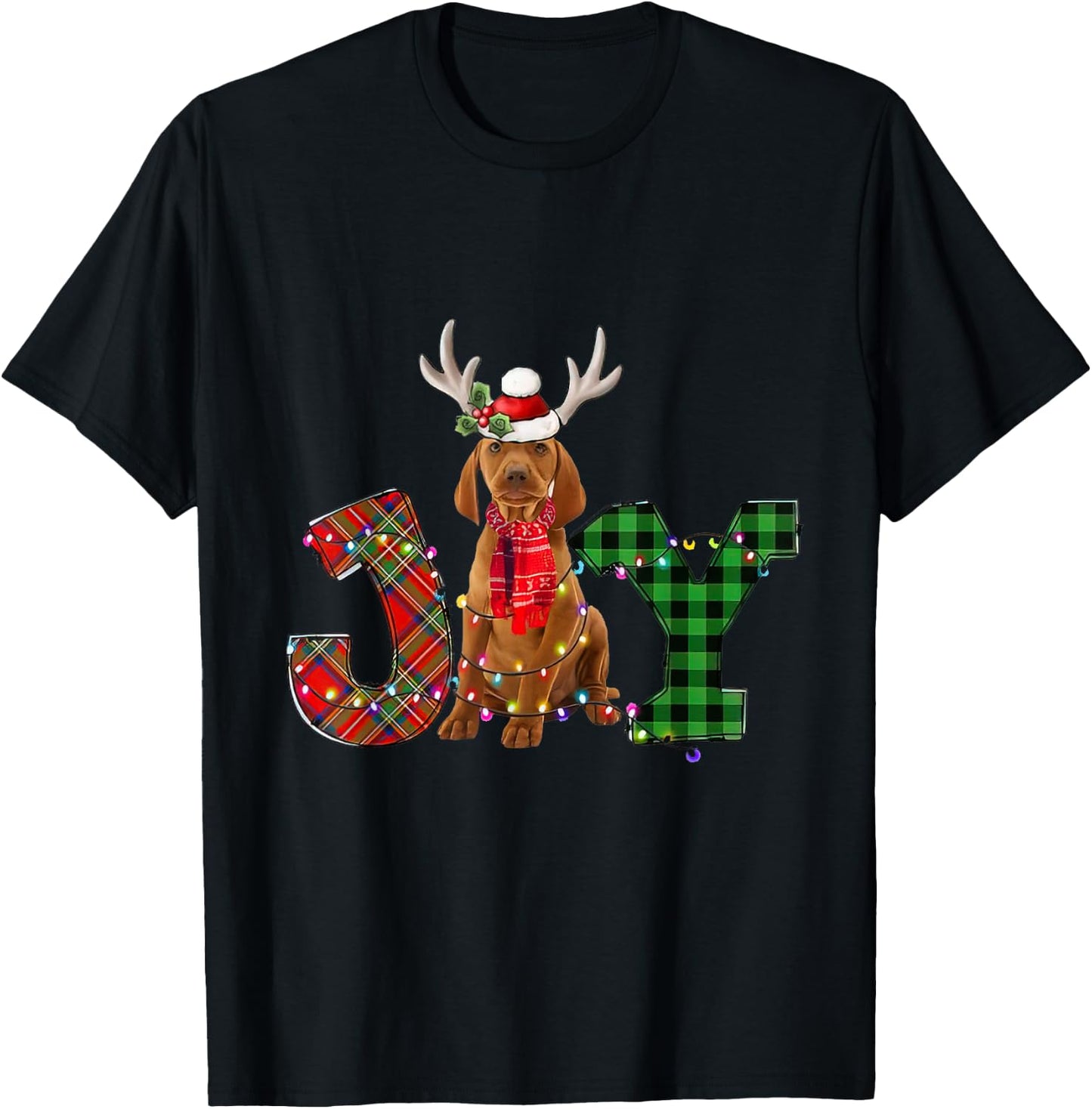Joy Christmas Lights Vizsla Dog Santa Hat Pajama Men Women Kids T-Shirt - T-Shirt | Black