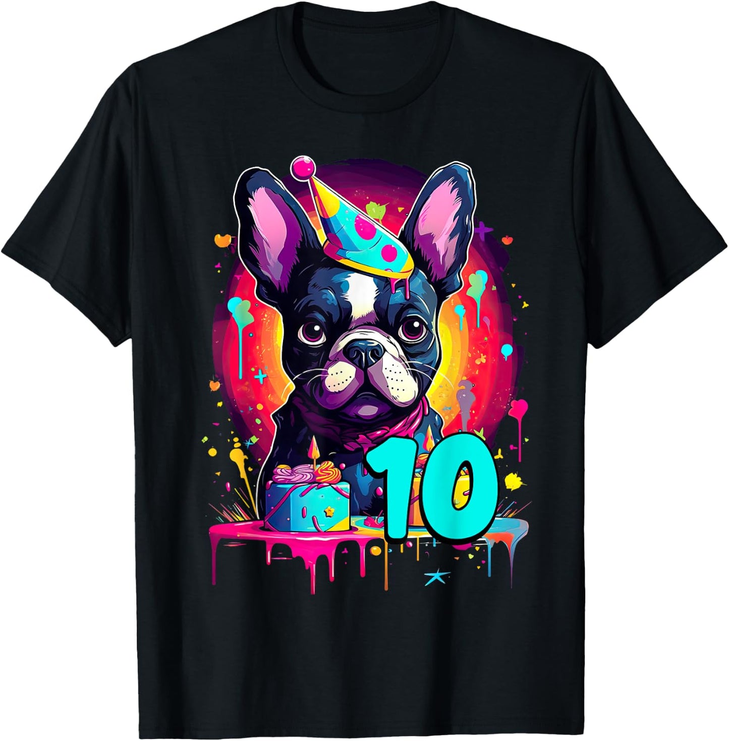 French Bulldog Dog 10th Birthday Themed Party 10 Years Old Men Women Girls Kids T-Shirt - T-Shirt | Black