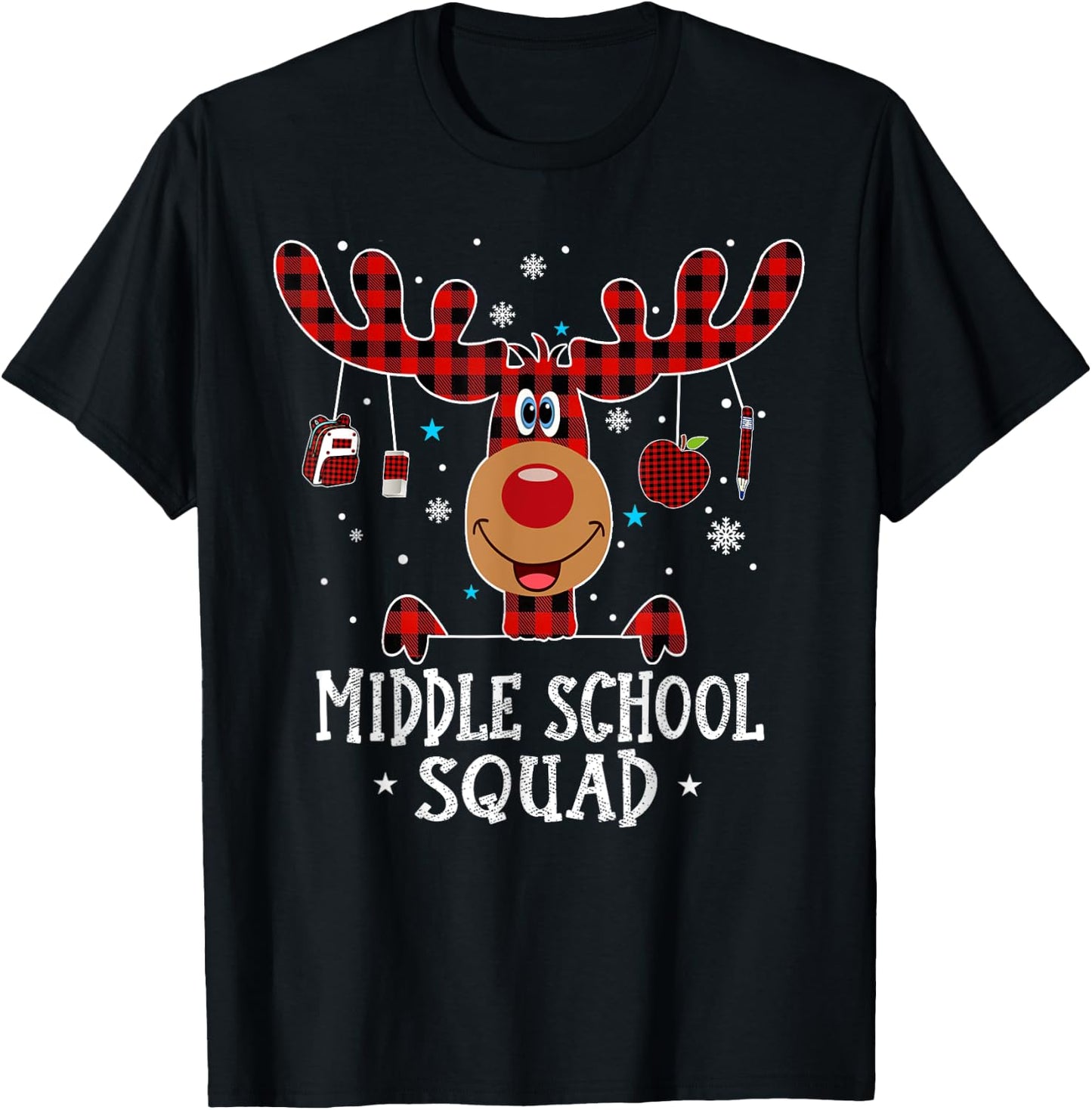 Middle School Squad Plaid Reindeer Santa Teacher Christmas Women Kids T-Shirt - T-Shirt | Black
