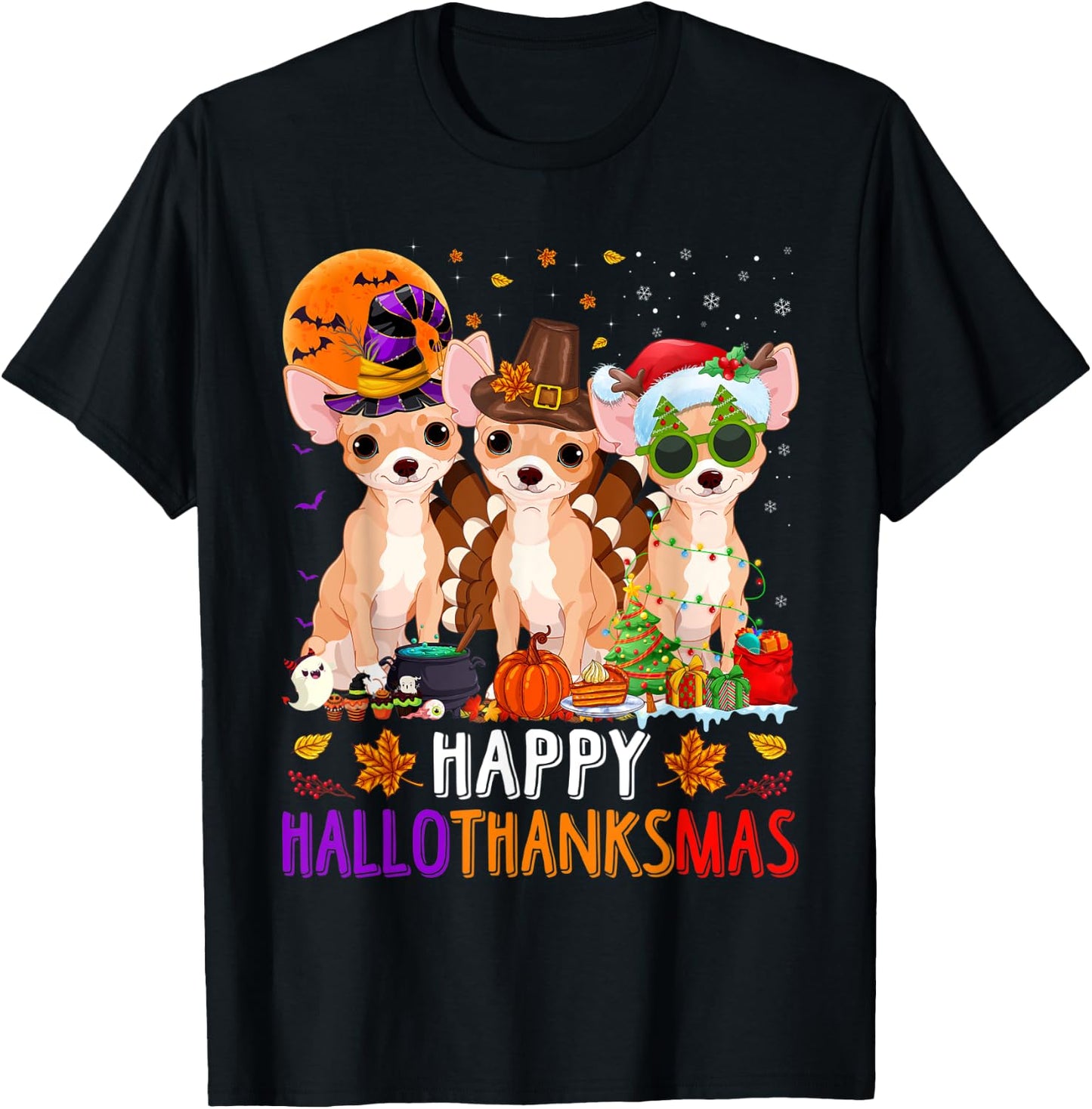 Happy Hallothanksmas Chihuahua Dog Halloween Christmas T-Shirt - T-Shirt | Black