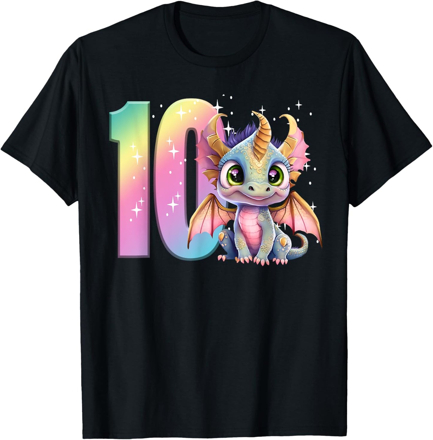 10th Birthday Shirt Dragon Party Rainbow Girl Double Digits T-Shirt - T-Shirt | Black