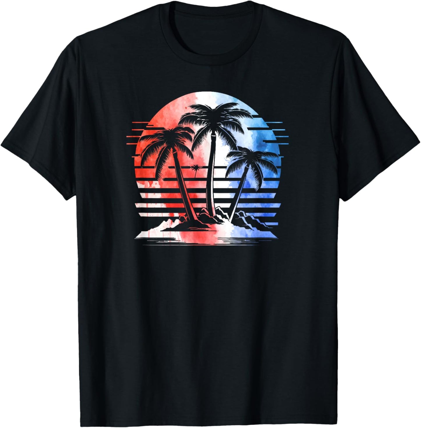 Red White Blue Retro Beach Palm Trees 4th of July Patriotic T-Shirt - T-Shirt | Black