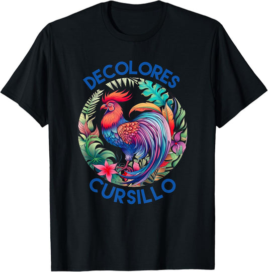 DeColores Cursillo Colorful Rooster Circle With Flowers T-Shirt - T-Shirt | Black
