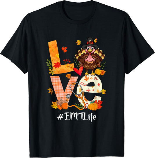 Love EMT Life Funny Turkey Pumpkin Leopard Thanksgiving T-Shirt - T-Shirt | Black