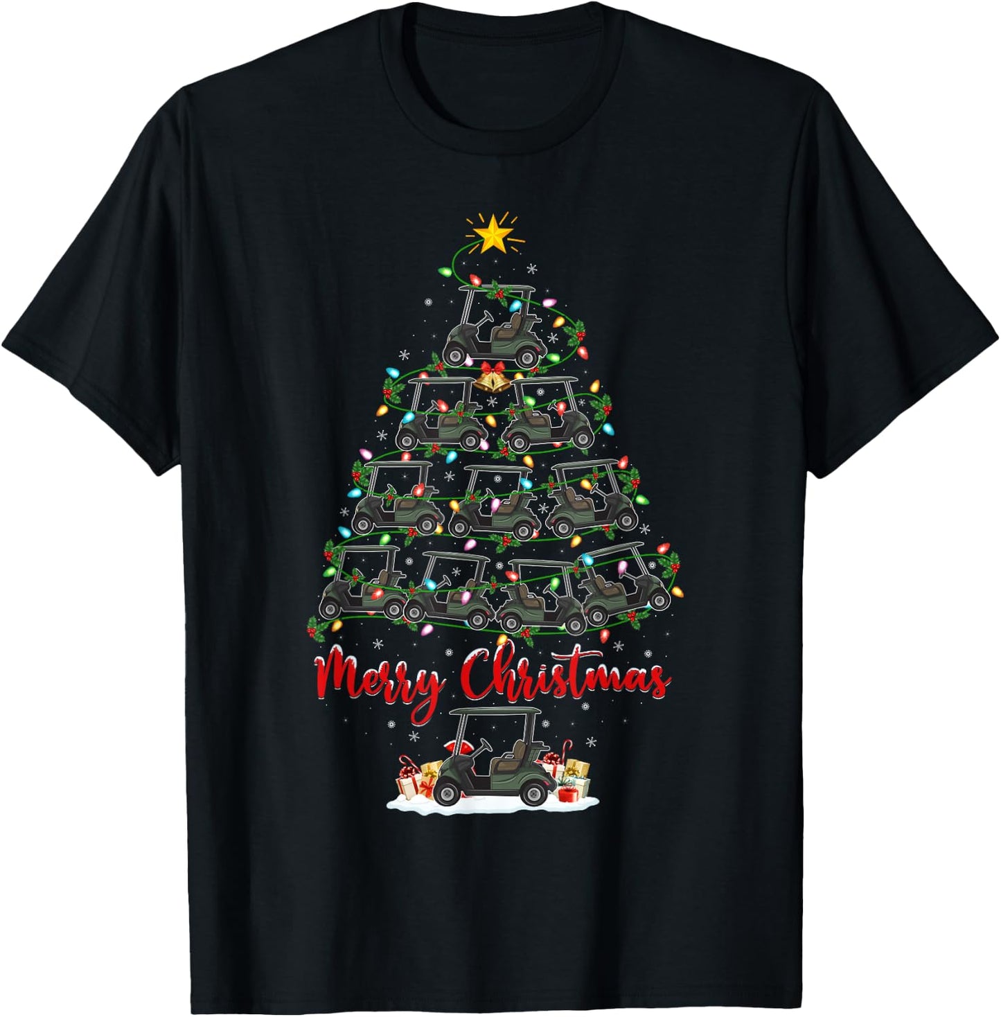Golf Cart Lover Xmas Lighting Santa Golf Cart Christmas Tree T-Shirt - T-Shirt | Black
