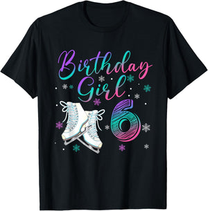 Ice Skating Rolling 6 Year Old 6th Birthday Girl Party T-Shirt - T-Shirt | Black