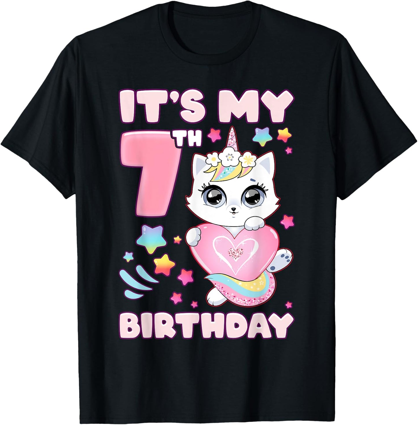 Birthday girl 7 years old, cat, unicorn, 7th birthday T-Shirt - T-Shirt | Black