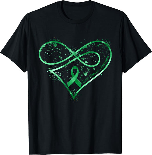 Emerald Green Ribbon Heart Liver Cancer Awareness Fighter T-Shirt - T-Shirt | Black