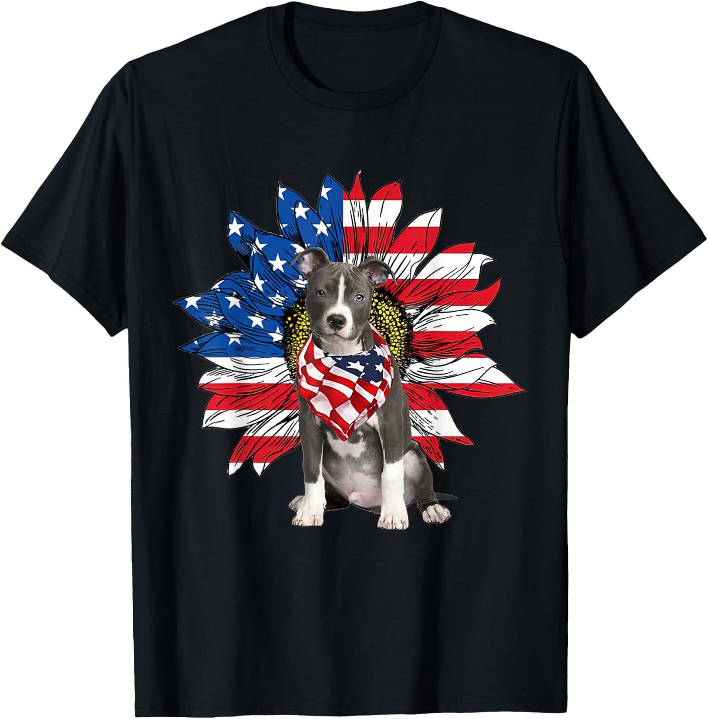 Blue Nose Pitbull American Flag Sunflower Dog Lovers 4th Of T-Shirt - T-Shirt | Black